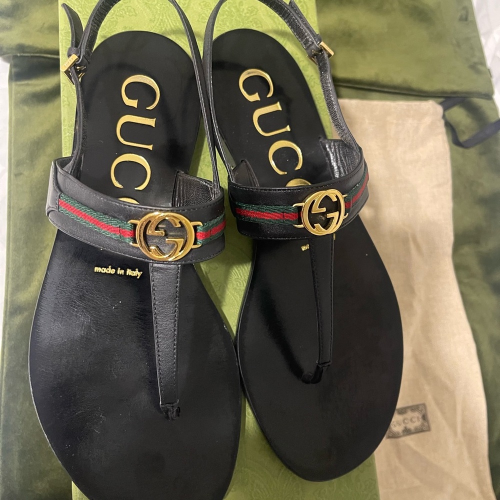 Authentic Gucci Black Sandals with Gold and Green Red Stripes.